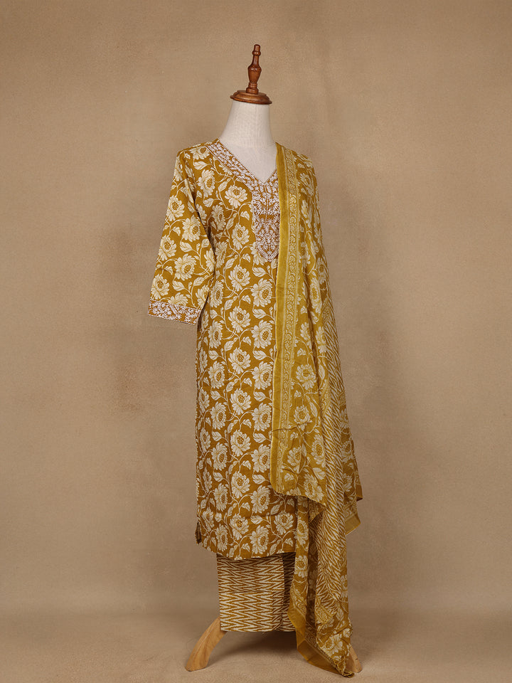 Mustard Floral Design Printed Cotton Salwar Suit - Diadem
