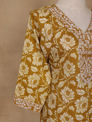 Mustard Floral Design Printed Cotton Salwar Suit - Diadem