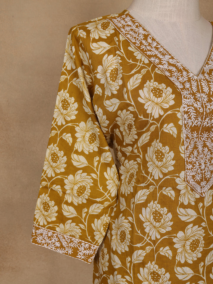 Mustard Floral Design Printed Cotton Salwar Suit - Diadem