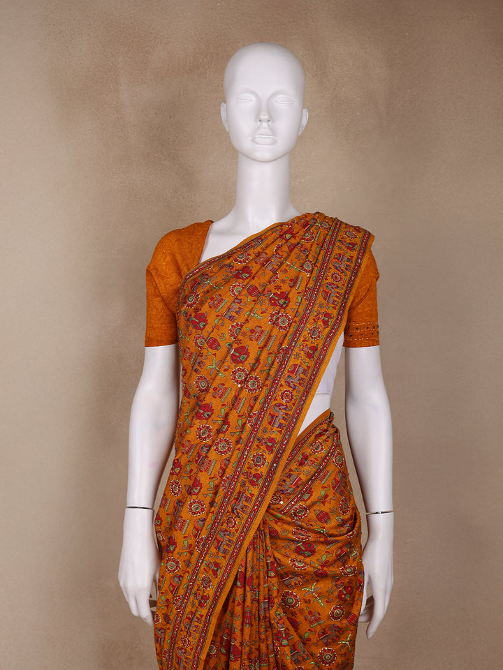 Mustard Floral Designed Chanderi Cotton Saree - Diadem