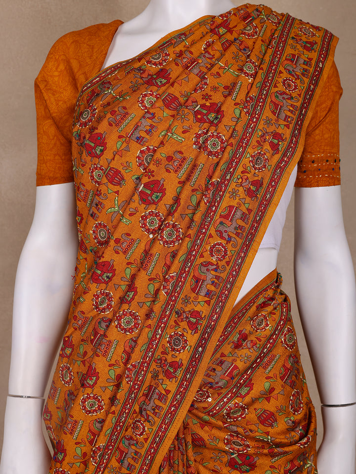 Mustard Floral Designed Chanderi Cotton Saree - Diadem