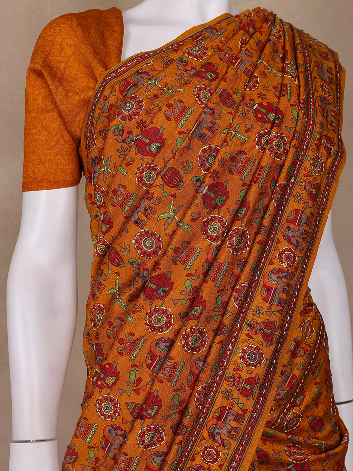 Mustard Floral Designed Chanderi Cotton Saree - Diadem