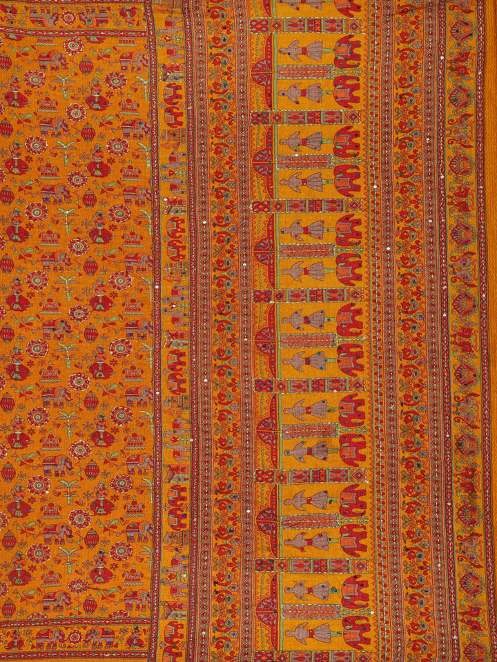 Mustard Floral Designed Chanderi Cotton Saree - Diadem