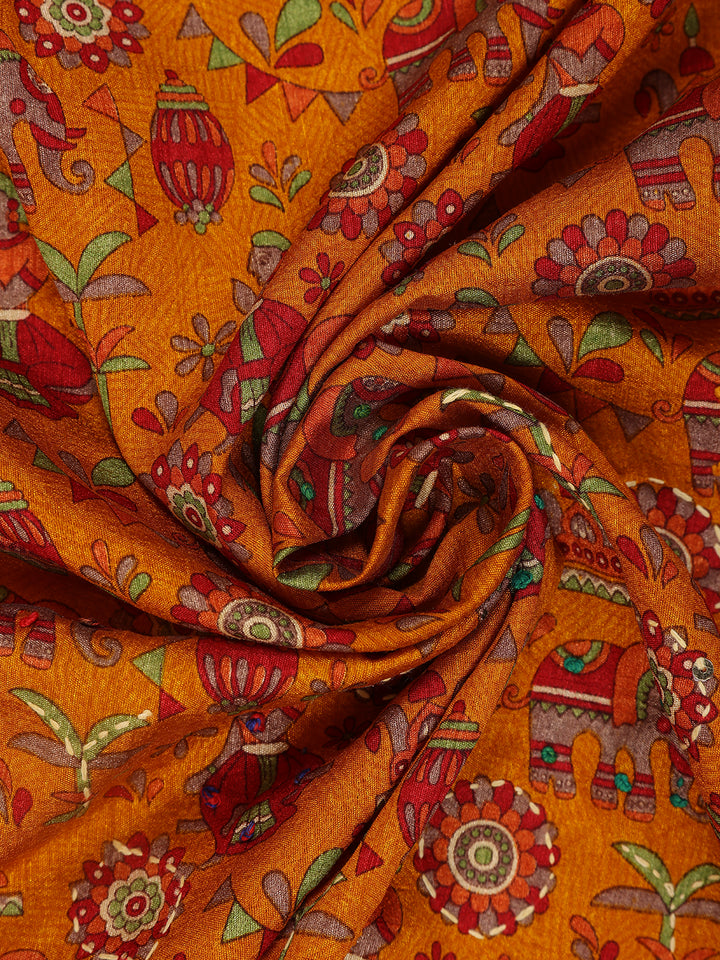 Mustard Floral Designed Chanderi Cotton Saree - Diadem