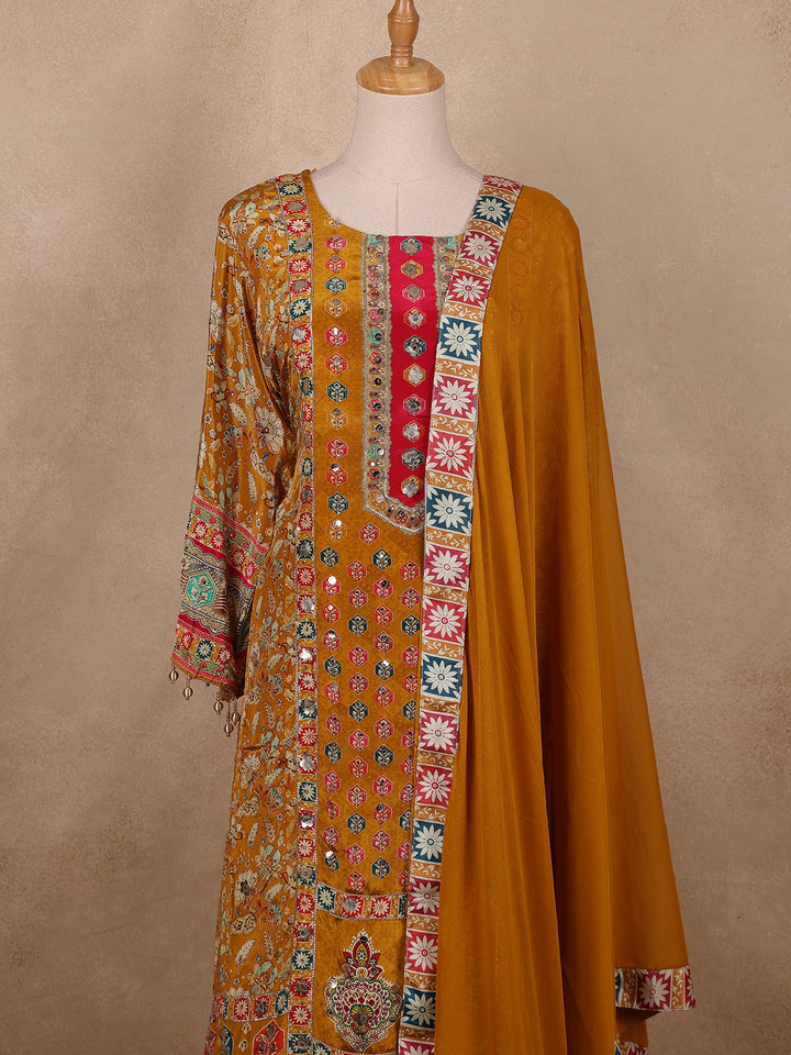 Mustard Yellow Floral Designed Semi Silk Salwar Suit - Diadem
