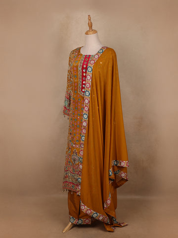 Mustard Yellow Floral Designed Semi Silk Salwar Suit - Diadem
