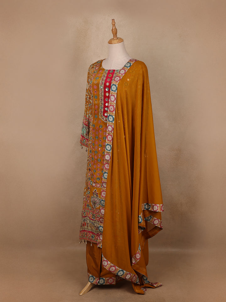 Mustard Yellow Floral Designed Semi Silk Salwar Suit - Diadem