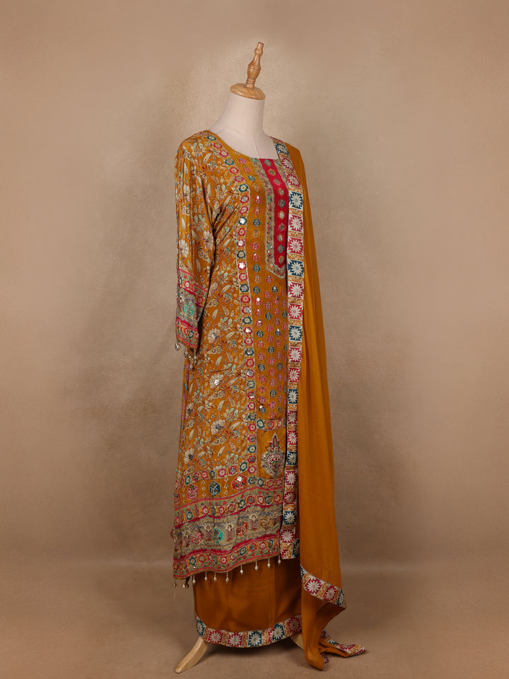 Mustard Yellow Floral Designed Semi Silk Salwar Suit - Diadem
