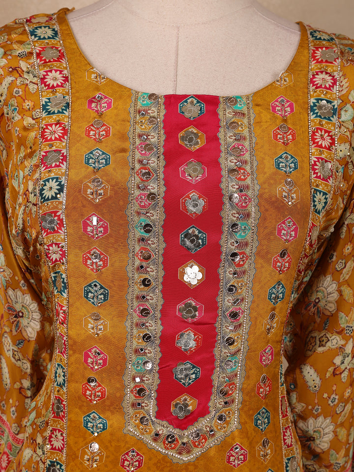 Mustard Yellow Floral Designed Semi Silk Salwar Suit - Diadem