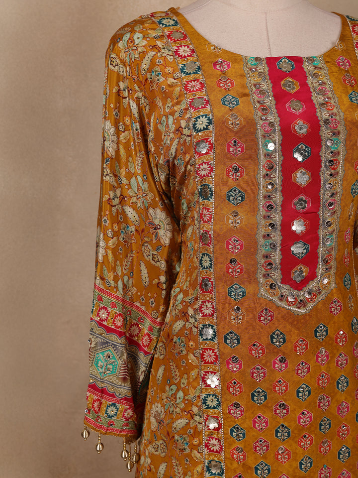 Mustard Yellow Floral Designed Semi Silk Salwar Suit - Diadem