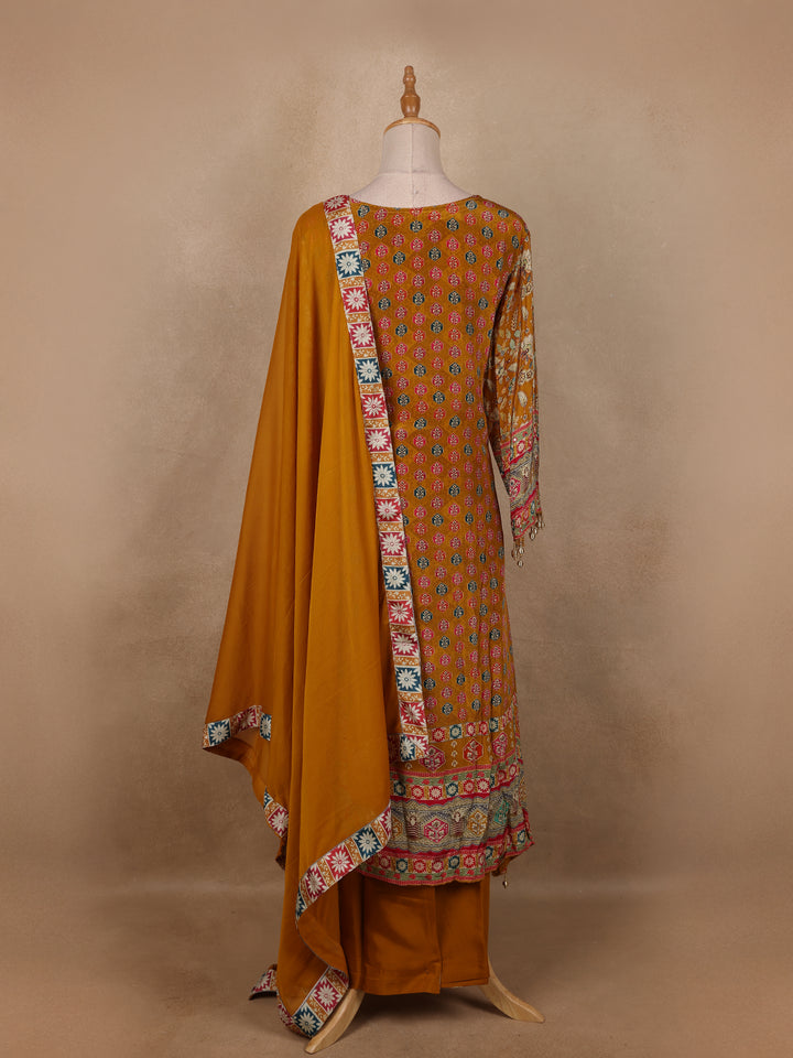 Mustard Yellow Floral Designed Semi Silk Salwar Suit - Diadem
