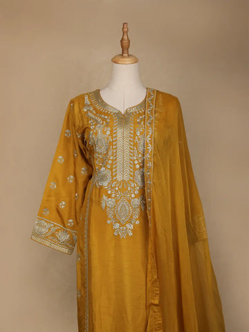 Mustard Floral Designed Semi Silk Salwar Suit - Diadem