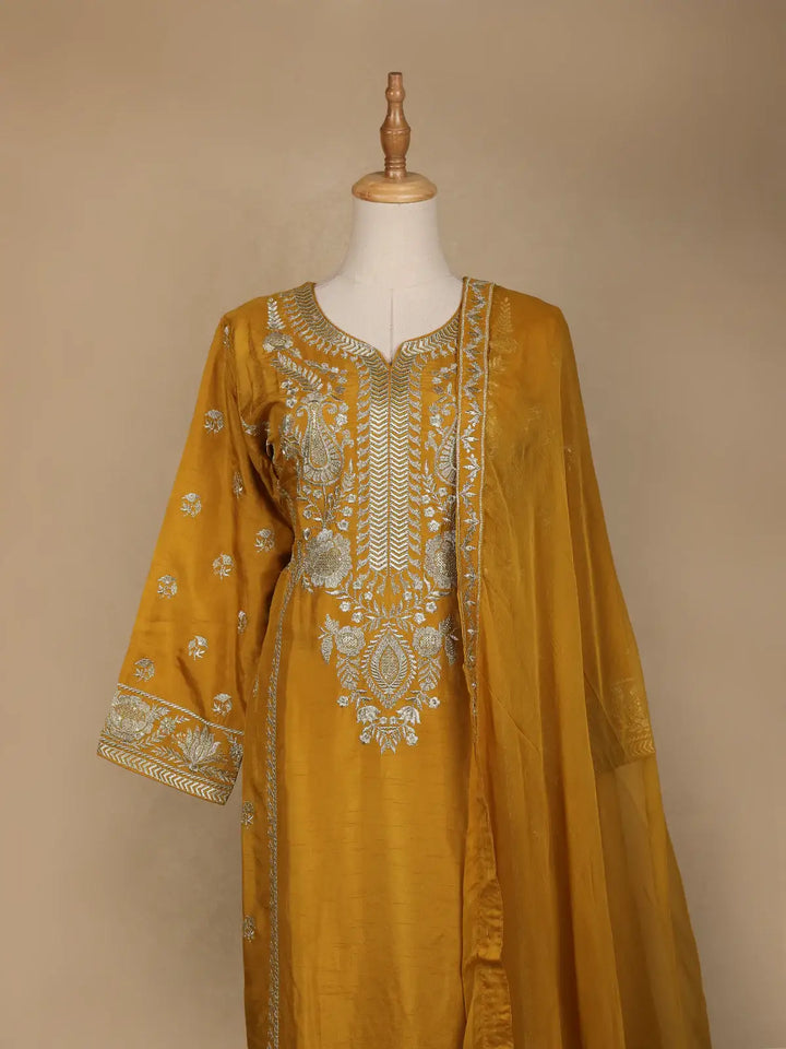 Mustard Floral Designed Semi Silk Salwar Suit - Diadem