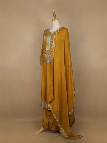 Mustard Floral Designed Semi Silk Salwar Suit - Diadem