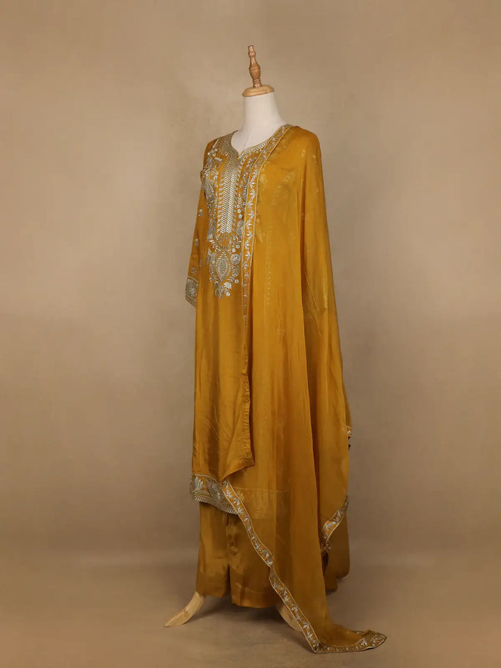 Mustard Floral Designed Semi Silk Salwar Suit - Diadem