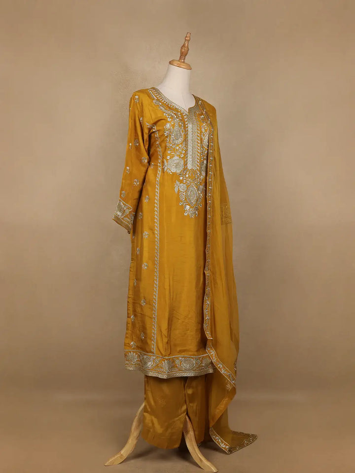 Mustard Floral Designed Semi Silk Salwar Suit - Diadem