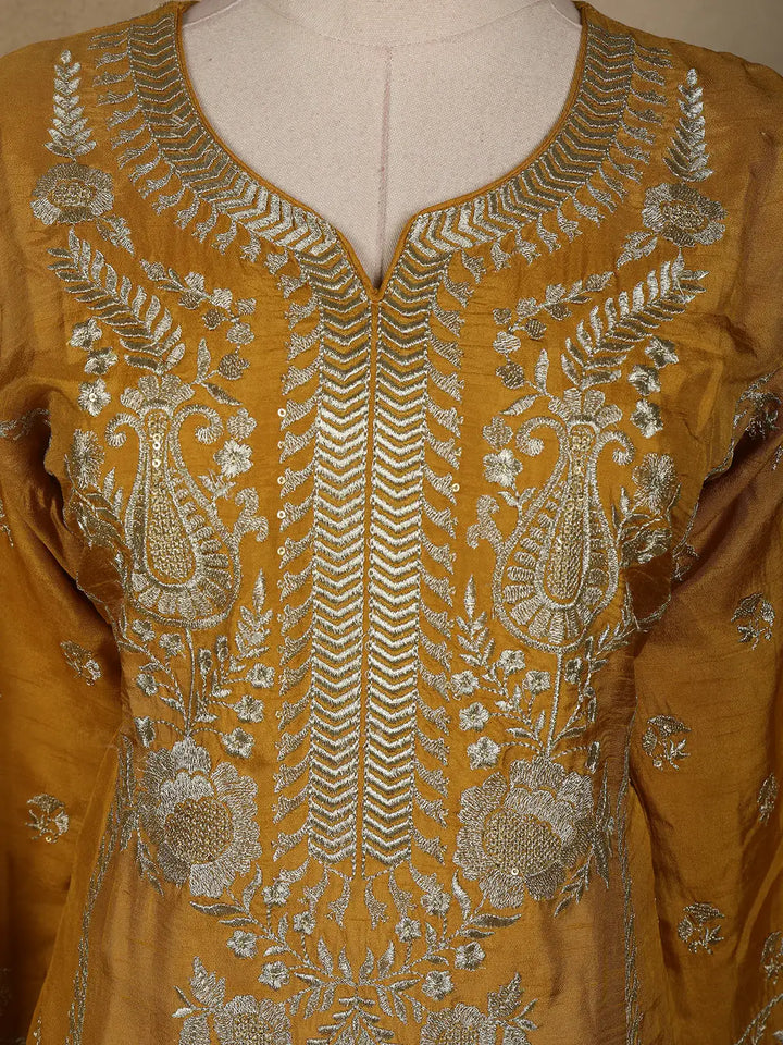 Mustard Floral Designed Semi Silk Salwar Suit - Diadem