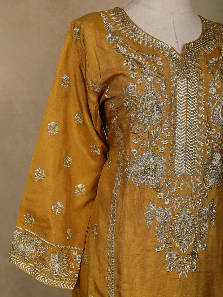 Mustard Floral Designed Semi Silk Salwar Suit - Diadem