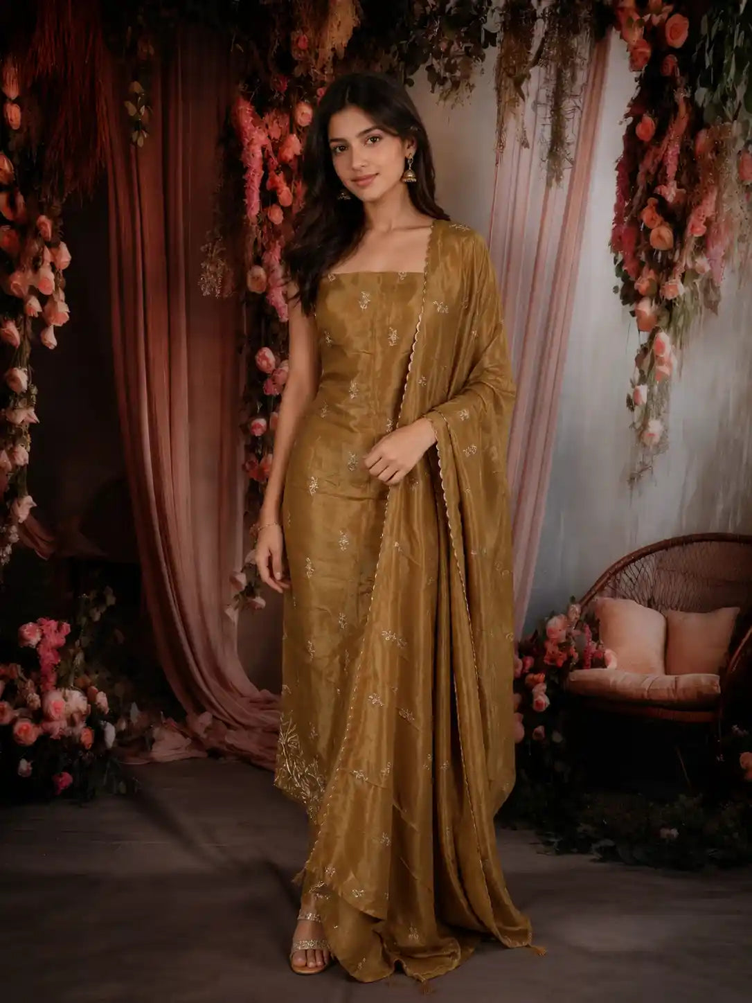 Mustard Gold Floral Zari Embroidered Design Tissue Unstitched Salwar Material with Dupatta