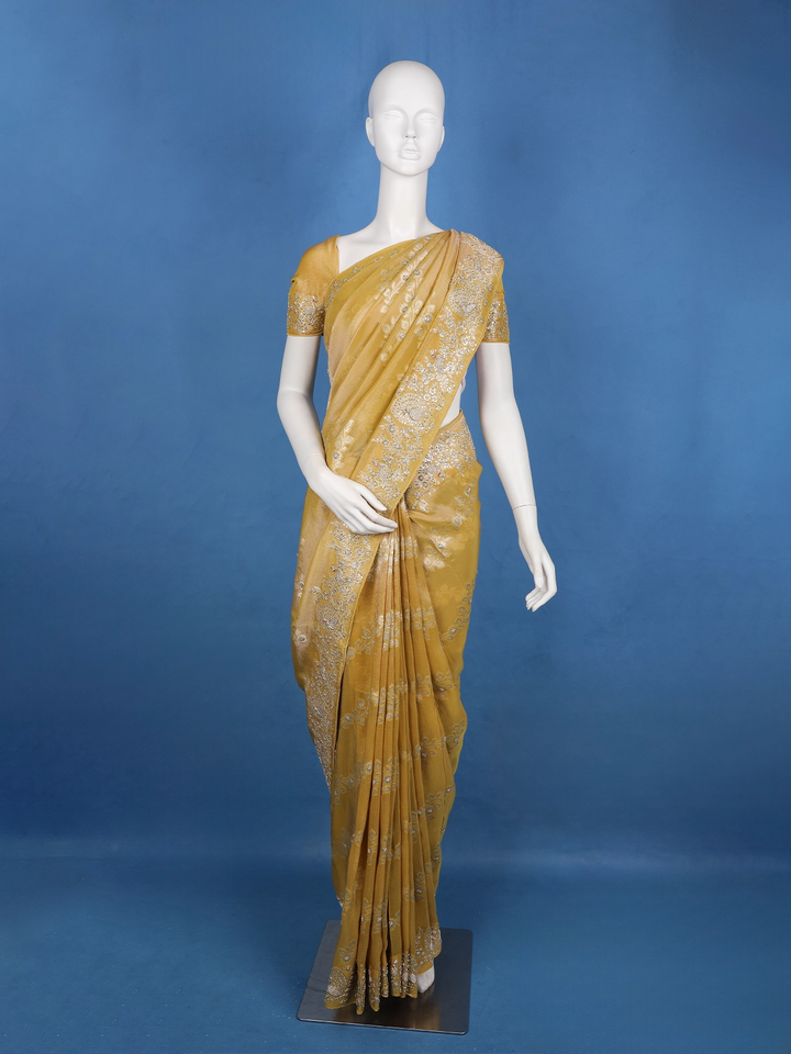 Mustard Gold Floral Zari Sequin Embellishment Organza Saree - Diadem
