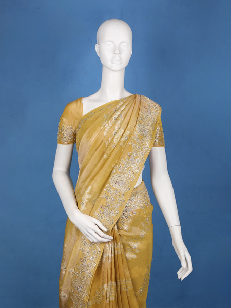 Mustard Gold Floral Zari Sequin Embellishment Organza Saree - Diadem