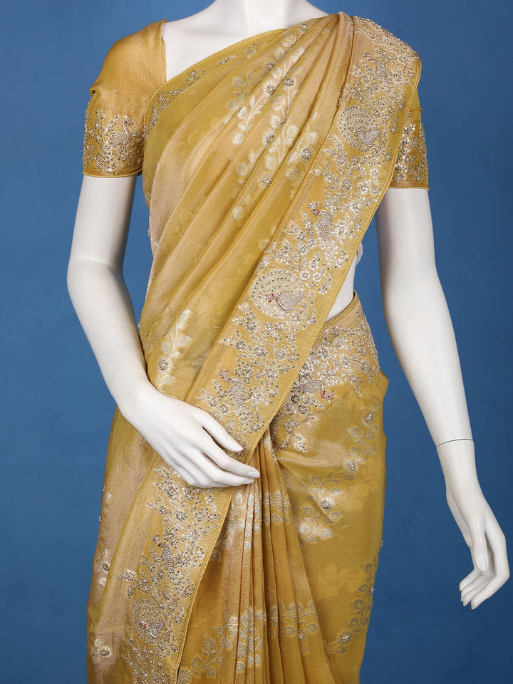 Mustard Gold Floral Zari Sequin Embellishment Organza Saree - Diadem