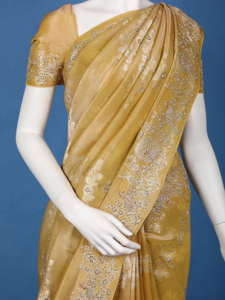 Mustard Gold Floral Zari Sequin Embellishment Organza Saree - Diadem