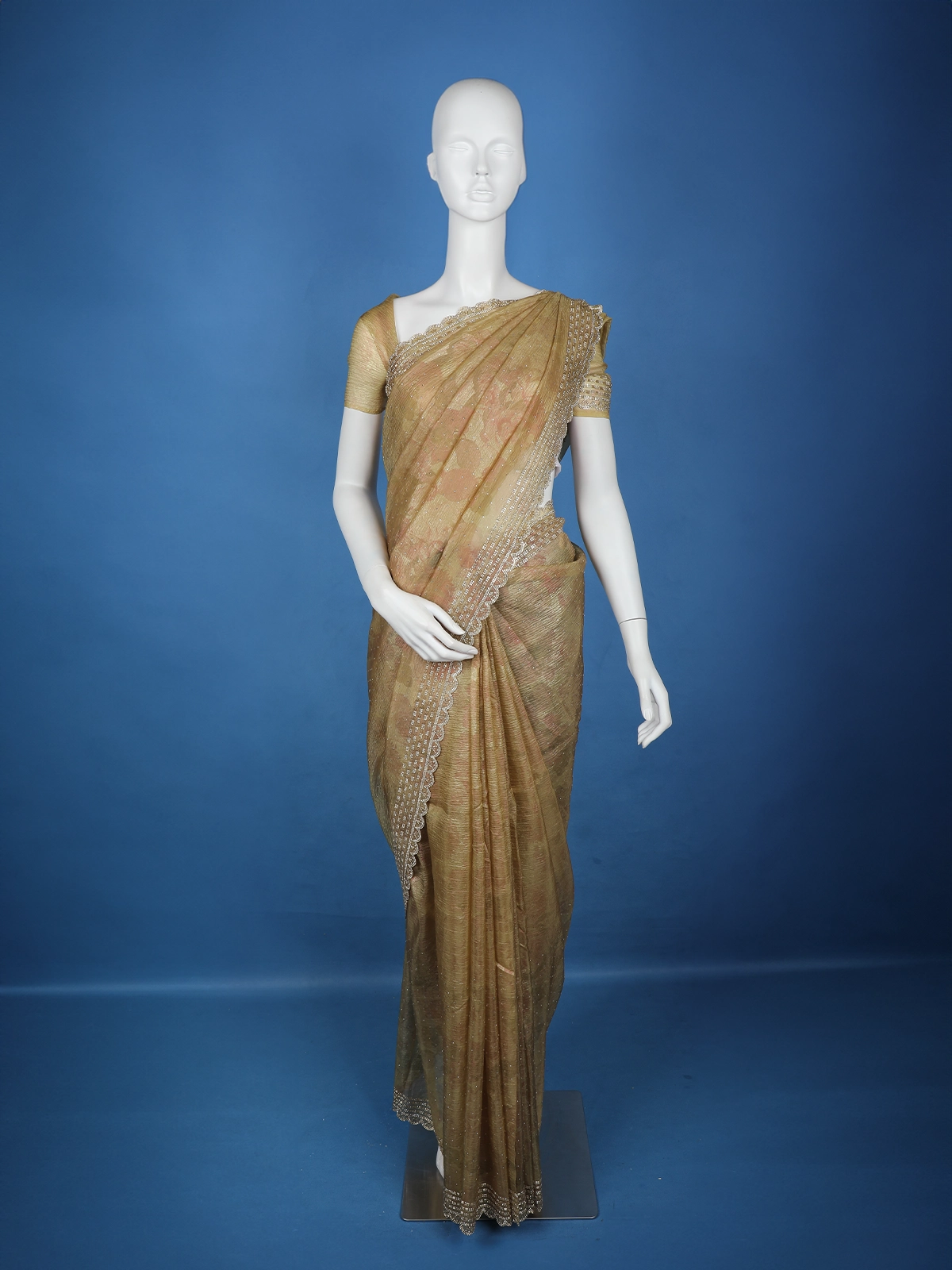 Mustard Green Floral And Sequins Organza Designer Saree - Diadem