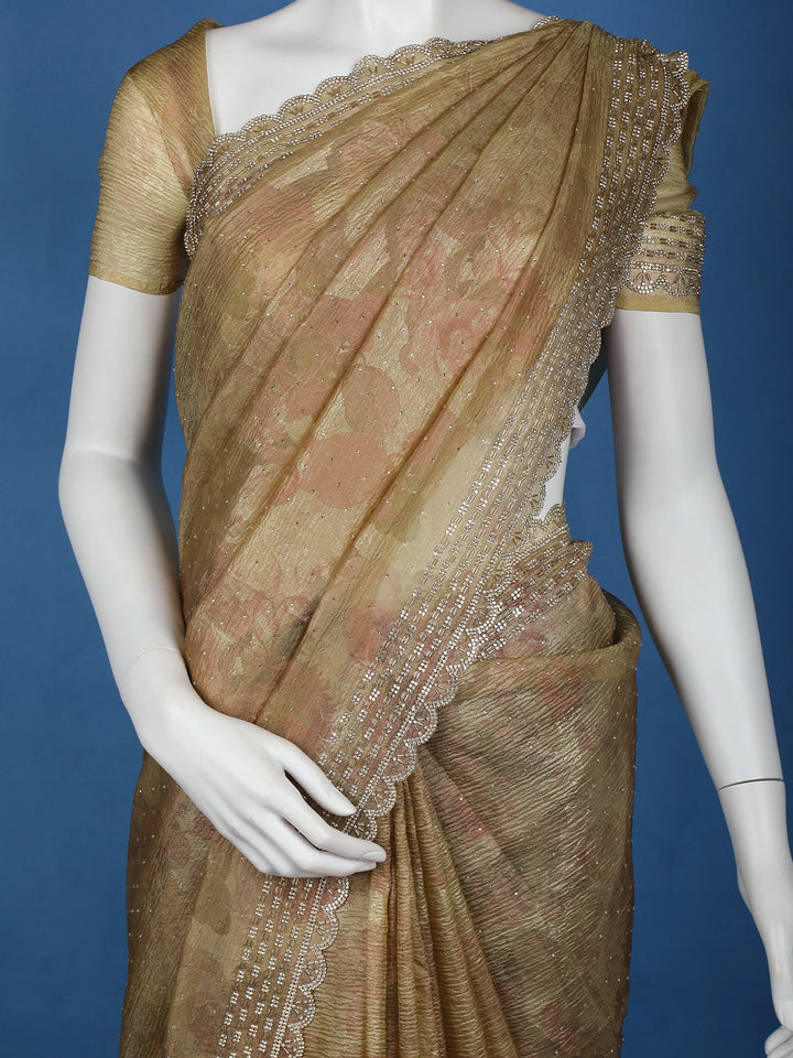Mustard Green Floral And Sequins Organza Designer Saree - Diadem