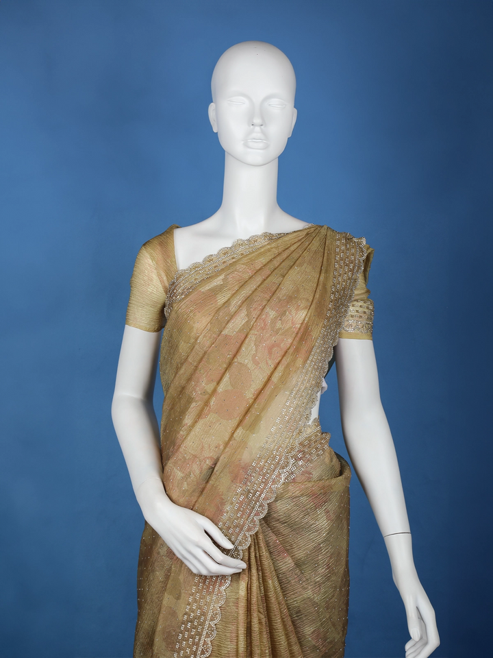 Mustard Green Floral And Sequins Organza Designer Saree - Diadem