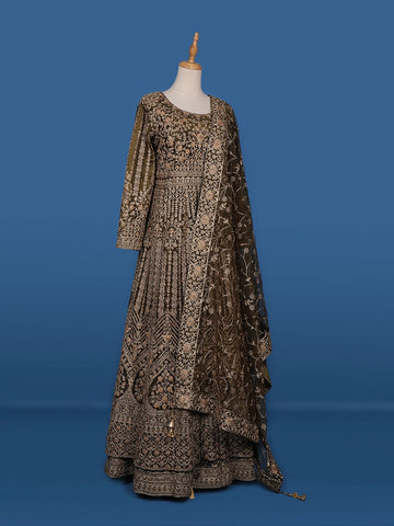 Mustard Green Floral Embroidery Net Bridesmaid Gown - Diadem