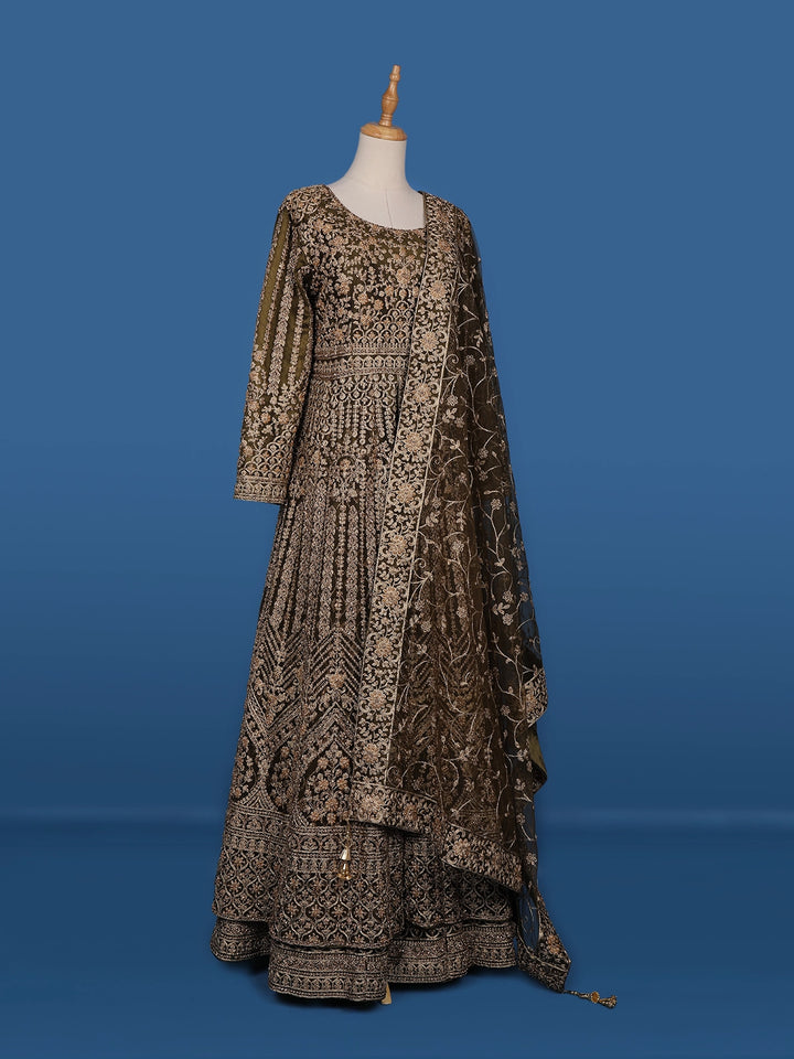 Mustard Green Floral Embroidery Net Bridesmaid Gown - Diadem