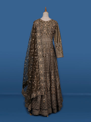 Mustard Green Floral Embroidery Net Bridesmaid Gown - Diadem
