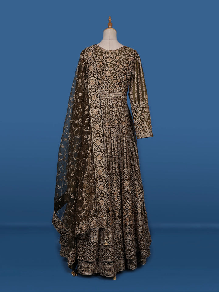 Mustard Green Floral Embroidery Net Bridesmaid Gown - Diadem
