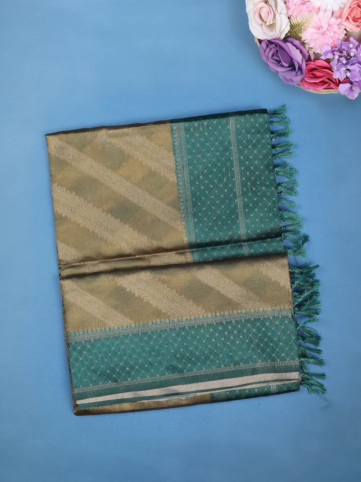 Mustard Green Stripes Zari Woven Tissue Silk Saree - Diadem