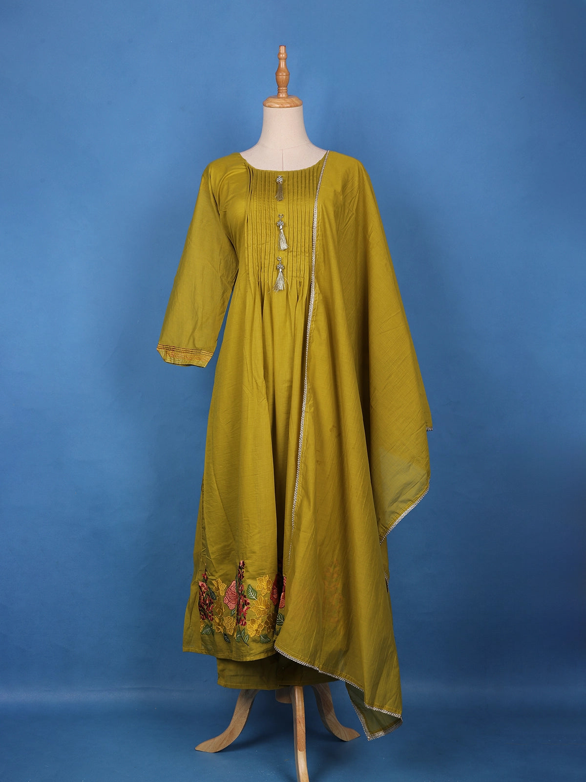 Mustard Olive Green Floral Embroidery Georgette Salwar Suit - Diadem