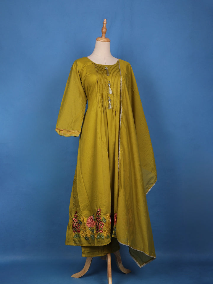 Mustard Olive Green Floral Embroidery Georgette Salwar Suit - Diadem