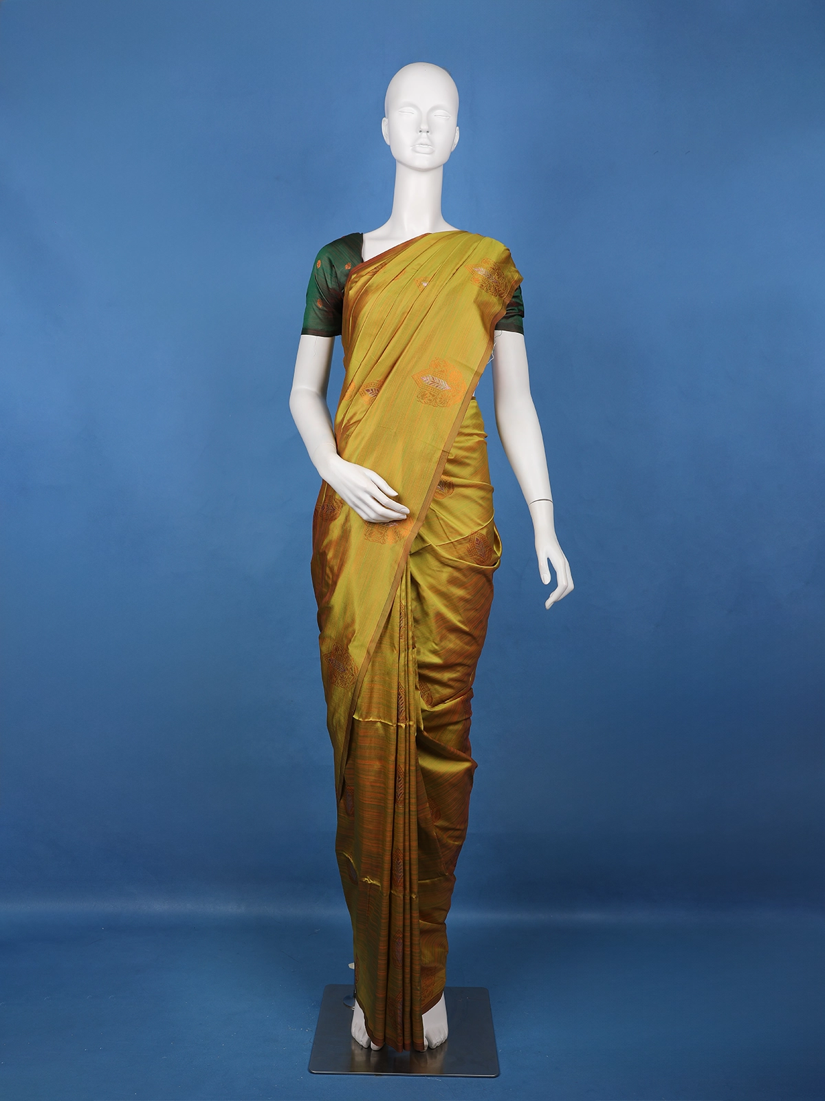 Mustard Olive Green Striped Pattern Silk Saree - Diadem