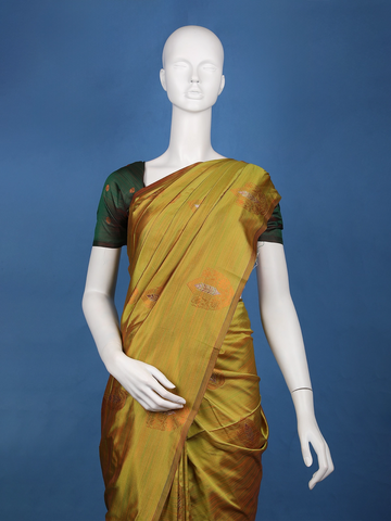 Mustard Olive Green Striped Pattern Silk Saree - Diadem