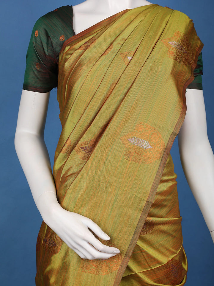 Mustard Olive Green Striped Pattern Silk Saree - Diadem