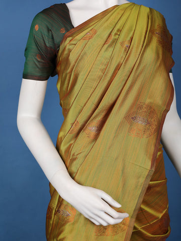 Mustard Olive Green Striped Pattern Silk Saree - Diadem