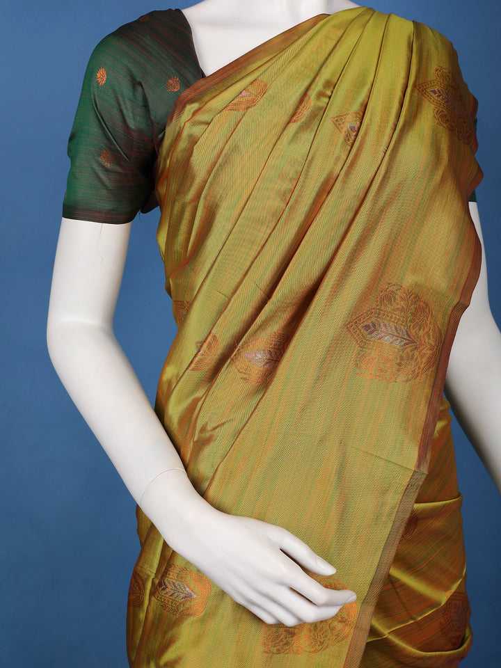 Mustard Olive Green Striped Pattern Silk Saree - Diadem