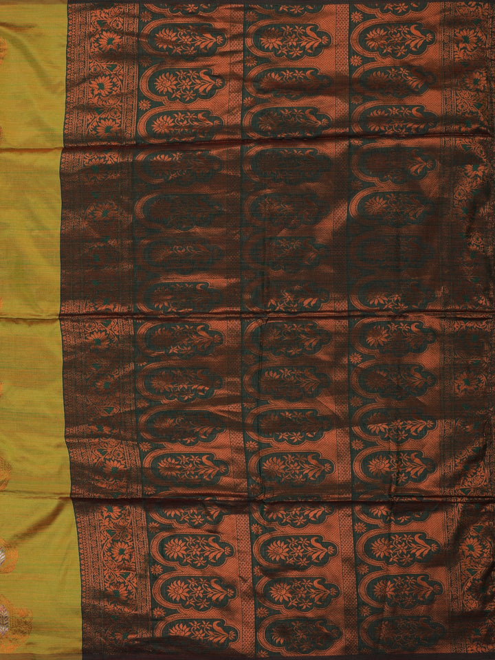 Mustard Olive Green Striped Pattern Silk Saree - Diadem