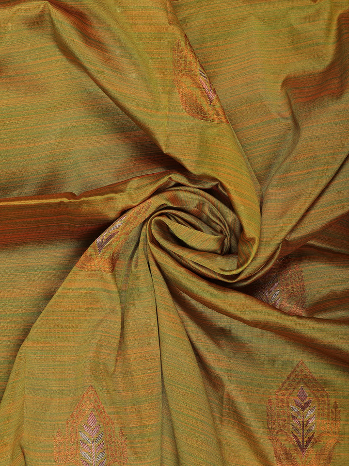 Mustard Olive Green Striped Pattern Silk Saree - Diadem
