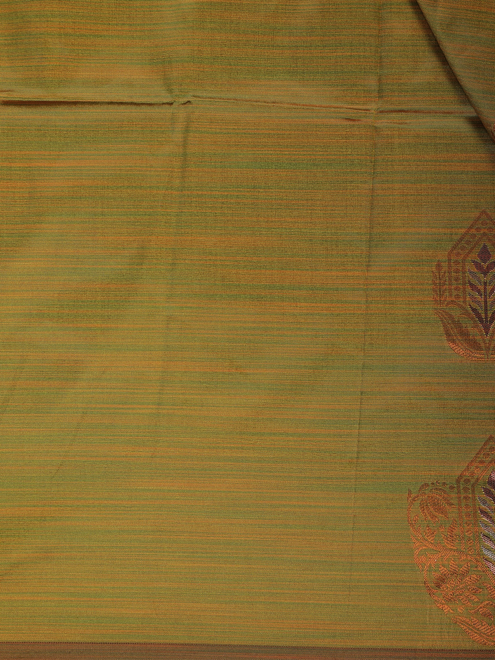 Mustard Olive Green Striped Pattern Silk Saree - Diadem