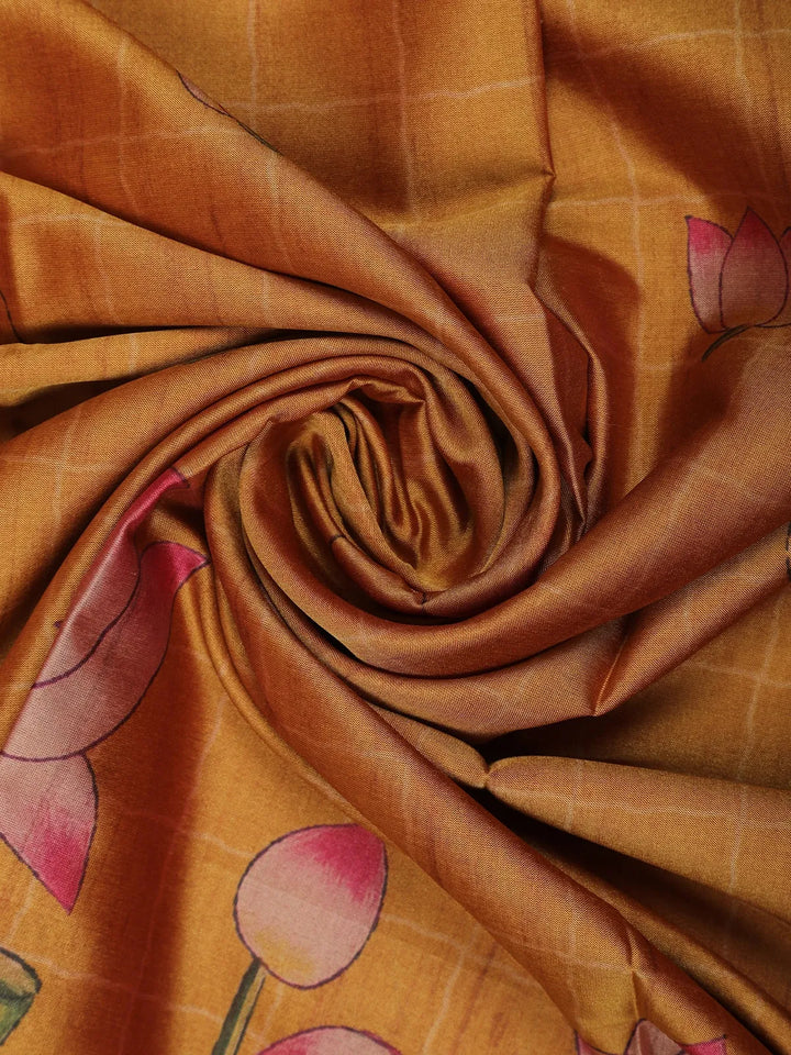 Mustard Orange Floral Designed Semi Tussar Silk Saree - Diadem
