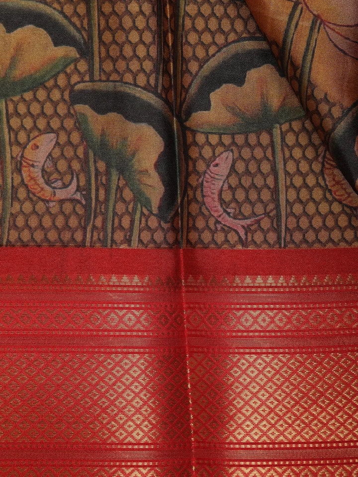 Mustard Orange Floral Designed Semi Tussar Silk Saree - Diadem