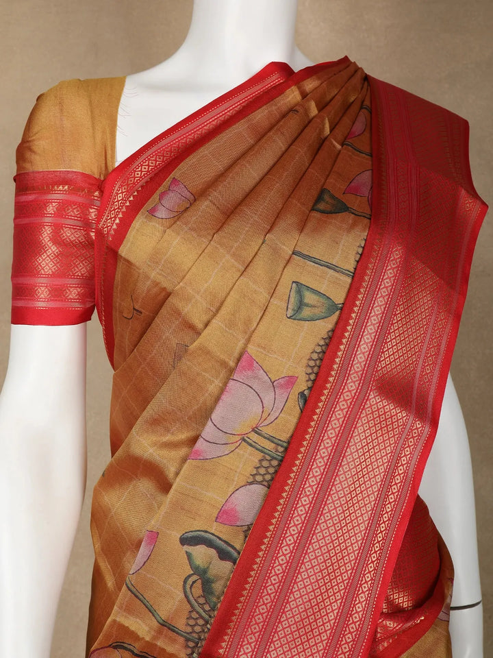 Mustard Orange Floral Designed Semi Tussar Silk Saree - Diadem
