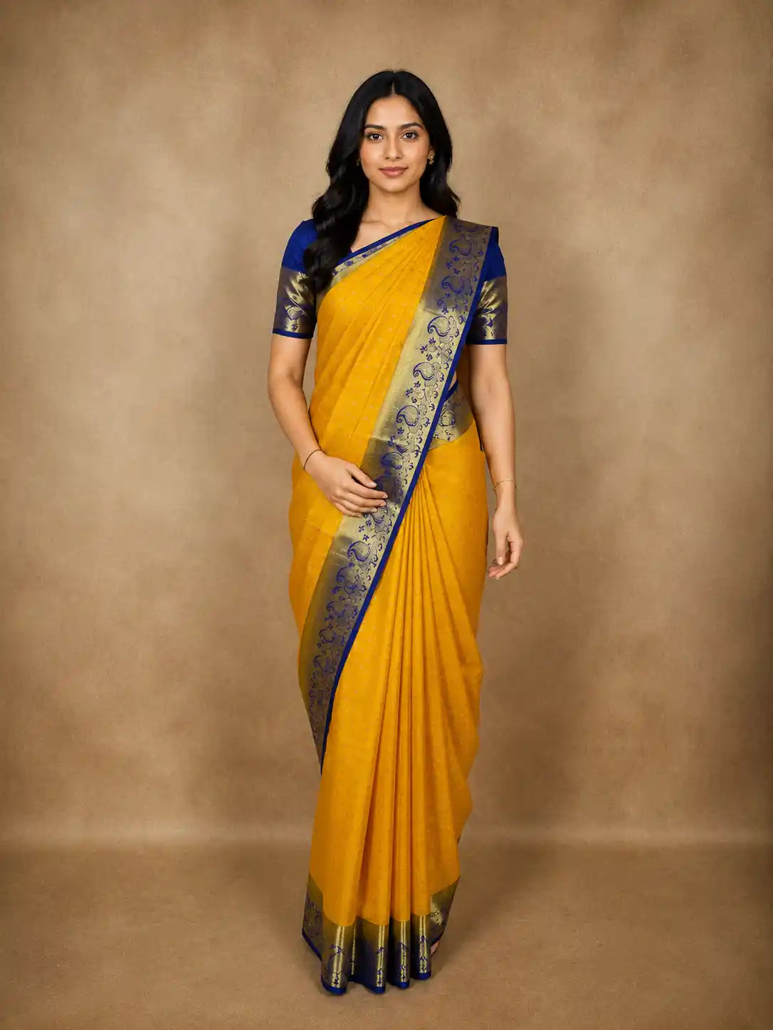 Mustard Yellow Butta Woven Design Pure Kanchipuram Silk Saree with Contrast Paisley Zari Border