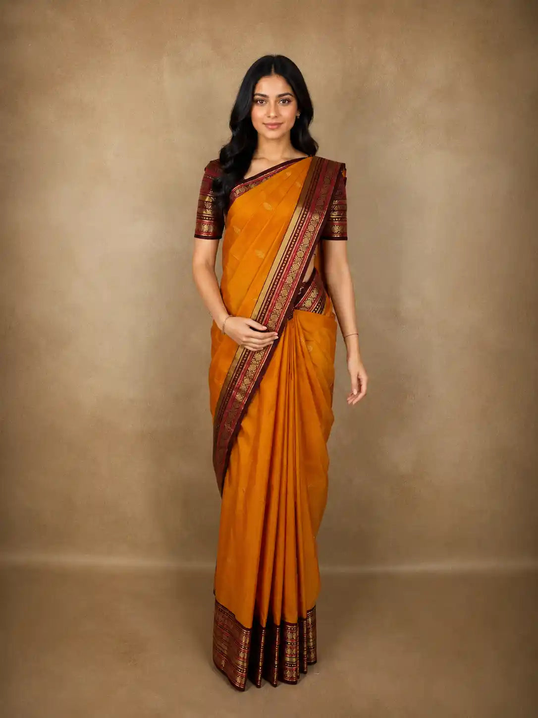 Mustard Yellow Butta Zari Woven Design Pure Kanchipuram Silk Saree with Contrast Zari Border